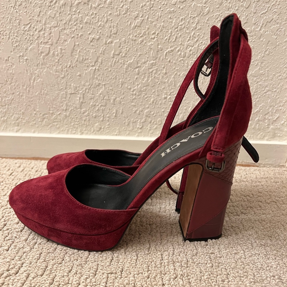 Coach Burgundy Leather/Suede platform ankle strap heels size 9.5